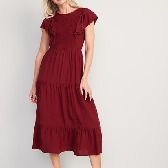 Fit & Flare Flutter-Sleeve Tiered Smocked Midi Dress - Picture 1 of 3